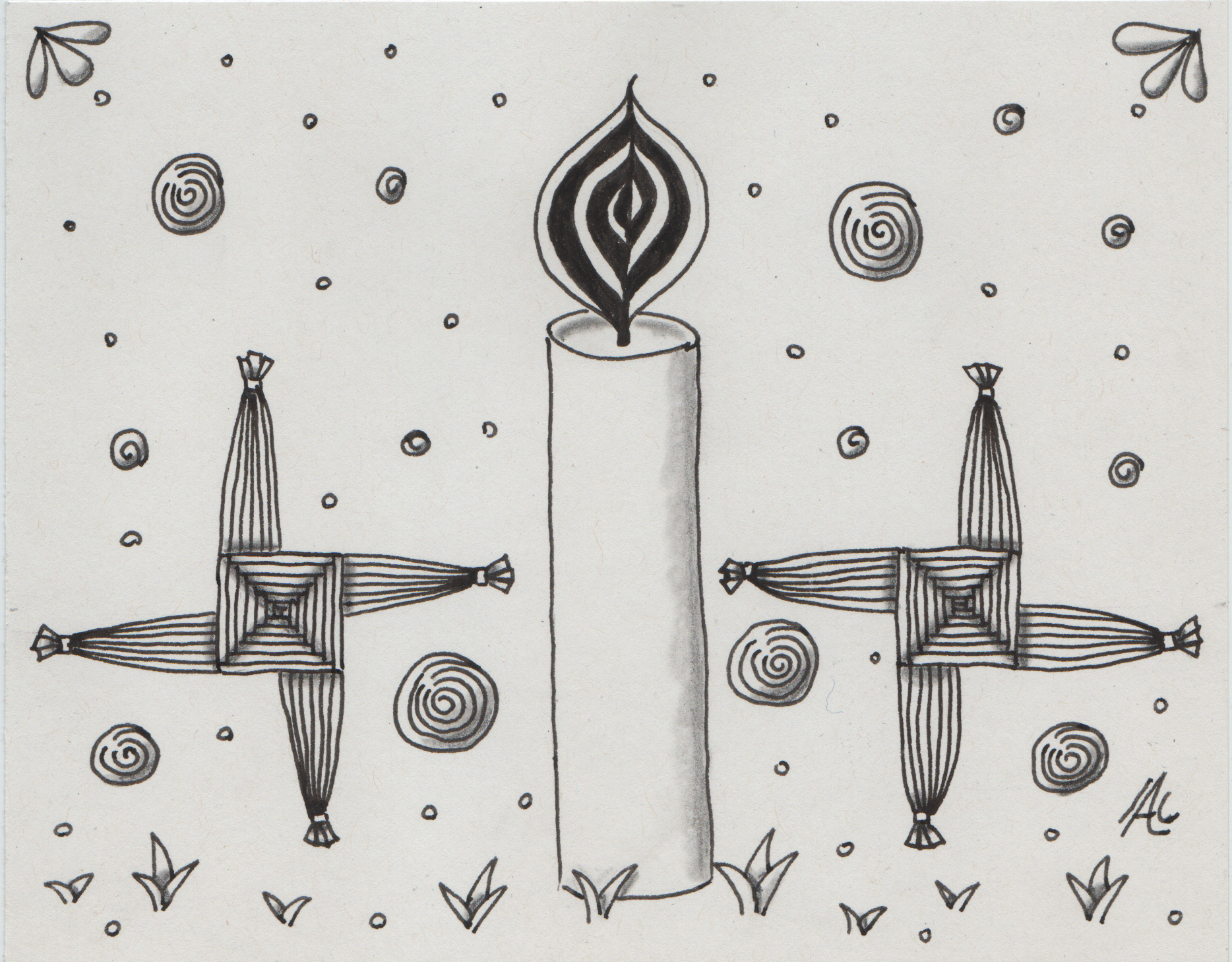 imbolc: schwarz weiße zeichnung von einer Kerze zwischen zwei Brighidkreuzen. Am unteren Bildrand schieben sich kleine Pflänzchen aus der Erde