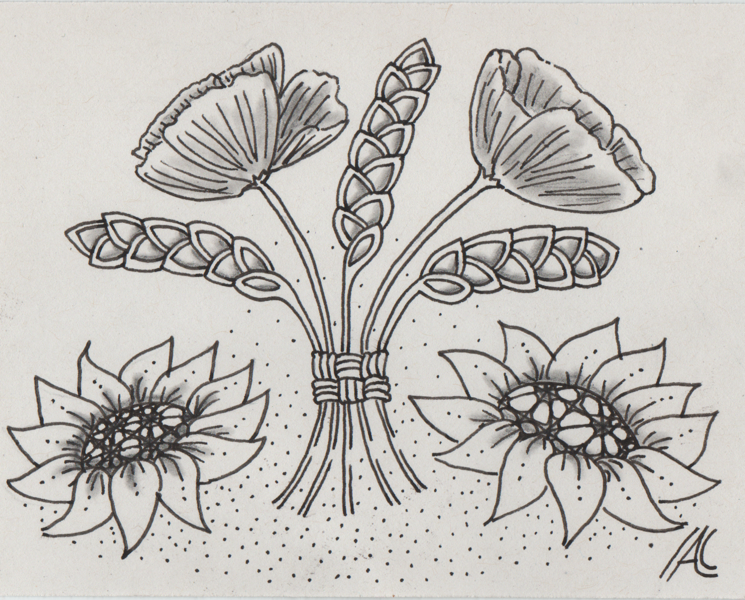 Lammas: eine schwarz weißes von drei Getreideähren und zwei Mohnblumen zu eine, Strauß gebunden. Unten rechts und unten links sind zwei Sonnenblumenköpfe