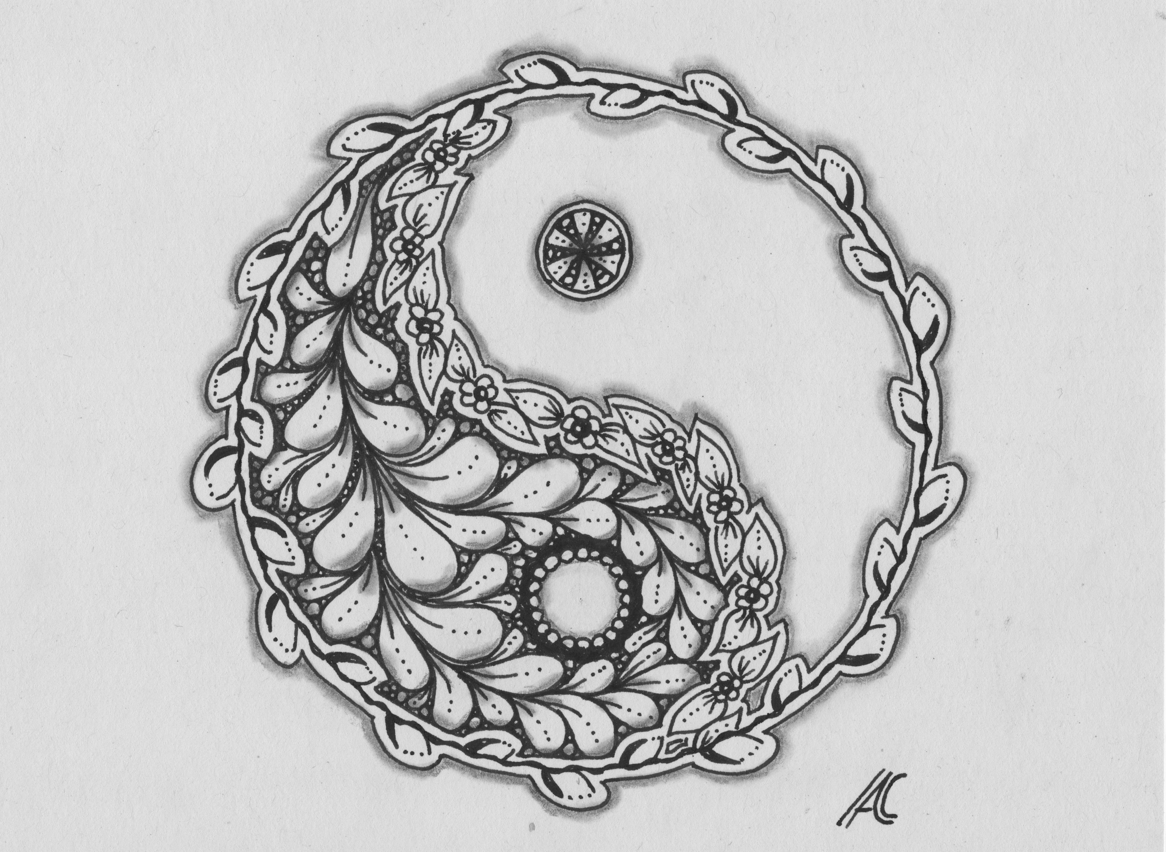 Frühlingsanfang: schwearz weiße zeichnung eines Kreises in Yin und Yang Form, die dunkle Hälfte ist mit Blättern ausgefüllt, die äußere Kreislinie besteht aus einem runden Weidenkätzchenzweig