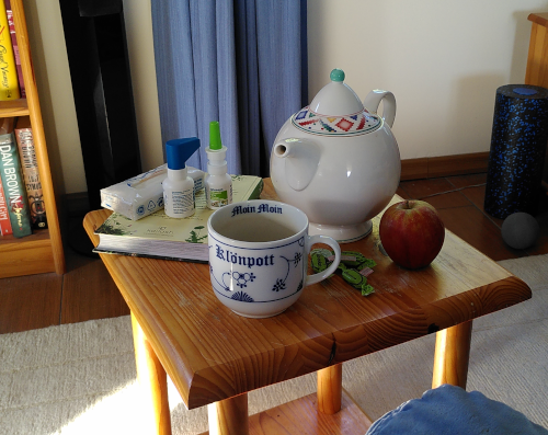 Ein Beistelltisch, darauf eine Teekanne, eine Teetasse, ein Apfel, ein paar Hustenbonbons, Nasen- und Halsspray, Taschentücher und ein Buch