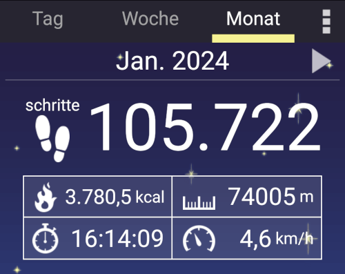 Screenshot aus einer Schrittzhlerapp. Oben steht Januar 2024, die Monatsanzeige weist 105722 Schritte aus bei einer Druchschnittsgeschwindigkeit von 4,6 Stundenkilometern