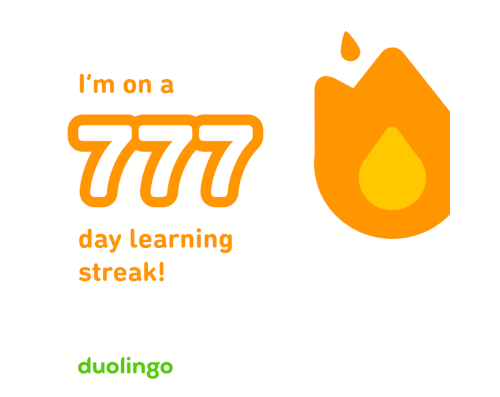 Screenshot von Duolingo: I am on a 777 day learning streak!