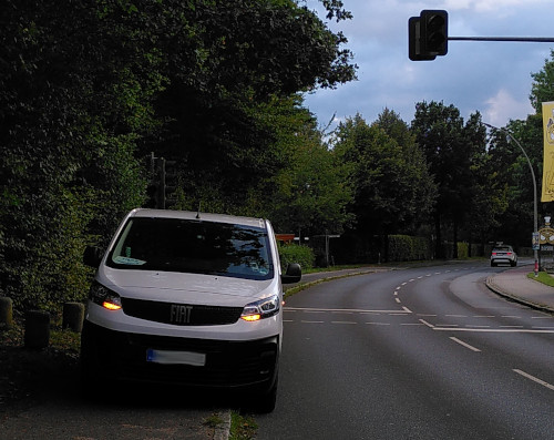 Photo von einem Lieferwagen, der einen Fußweg neben einer Durchfahrtstraße komplett zuparkt.