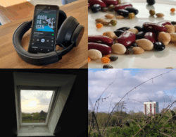 Viergeteiltes Photo: oben links ein Smartphone in einen Kopfhörer gelehnt, oben rechts bunt gemischte getrocknete Bohnen, Linsen und Kichererbsen, unten links ein Dachfenster, unten rechts ein hochhaus in einer buschigen Landschaft für Projekt52 April 25