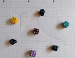 Foto von einem karierten Collegeblockblatt, darauf vier bunte Spielwürfel und drei schwarze Zehnerwürfel. Auf dem Papier ist ein Koordinatensystem mit einem Funktionsgraphen gezeichnet. Für Mathe Abi Vorbereitung