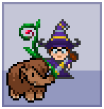 Screenshot of a pixel graphic avatar, waering glasses and a wizard outfit. In her hand she holds a swirly staff with leaves and a red blossom at the upper end. To her left in front of her is a young wolly mammoth