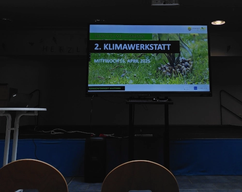 Ein großer Flachbildschirm. Darauf ist ein Photo von Gras zu sehen, außerdem der Text: Zweite Klimawerkstatt. Im Vordergrund die Rücken zweier Stühle