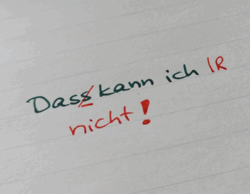 Photo, Nahhaufnahme von einem Notizzettel, auf dem steht "das kann ich nicht". Dabei hat das Das zwei s und dieser Fehler ist mit roter Tinte angestrichen. Auch das nicht ist mit roter Tinte geschrieben.