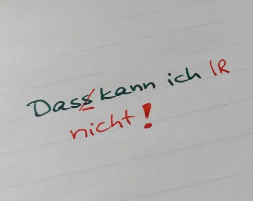 Nahhaufnahme von einem Notizzettel, auf dem steht "das kann ich nicht". Dabei hat das Das zwei s und dieser Fehler ist mit roter Tinte angestrichen. Auch das nicht ist mit roter Tinte geschrieben.