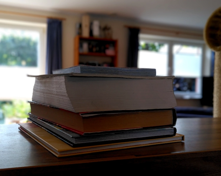 Bücherstapel, der meine lebende Bibliothek darstellen soll. Im Hintergrund weichgezeichnet ein Wohnzimmer mit einem Bücherregal