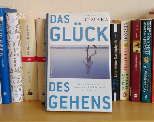 Buch auf einem Wandbord. Titel: Das Glück des Gehens.