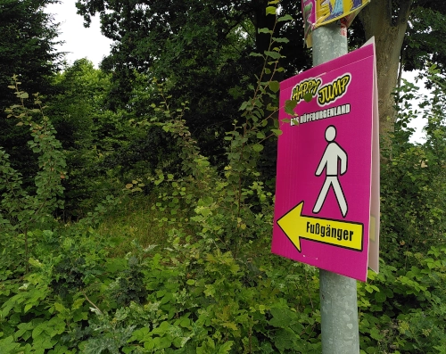 Photo von einem dunkelrosa Schild an einem Laternenmasten. Auf dem Schild ist eine Strichfigur abgebildet, die nach links geht, darunter ist ein gelber Pfeil nach links, auf dem Fußgänger steht. Über der gezeichneten Person steht "Happy Jump, Hüpfburgenland". Links vom Schild ist allerdings sehr dichtes Gebüsch ohne Durchkommen.