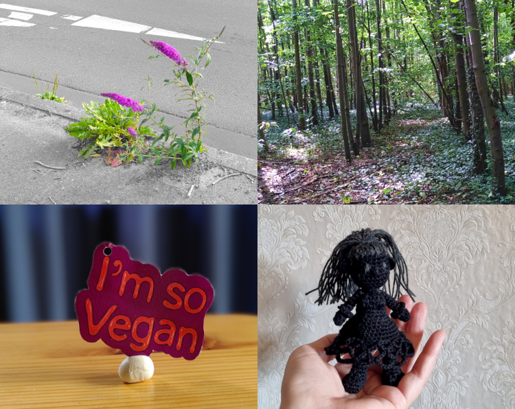 Viergeteiltes Photo für Projekt52 Juli 25: Oben links Sommerflieder, der aus einer Ritze im Bordstein wächst, oben rechts Bäume, die in gerader Reihe wachsen. Unten links ein buntes Etikett und unten rechts eine aus schwarzer Wolle gehäkelte Figur.