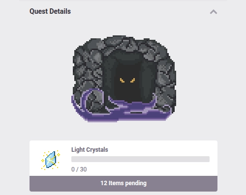 Screenshot aus der App Habitica. Am oberen Bildrand steht: Quest details. In der Mitte ist der Eingang zu einer Höhle abgebildet, darin schemenhaft zu erkennen ein Monster mit leuchtend gelben Augen. Am unteren Bildrand informiert ein Balken darüber, dass jemand von 30 Lichtkristallen schon 12 zusammen gesammelt hat.