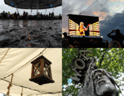 Viergeteiltes Photo für Projekt52 August 25: Oben links Matsch in Bodennähe fotografiert, im Hintergrund Menschen unter einem großen Pavillon, oben rechts eine Filmleinwand im Freien, darauf ein Stortrooper, der E-Gitarre spielt, im Hintergrund ein rosa-grau bewolkter Abend himmel. Unten links eine Laterna aus Holz, die unter einer sandfarbenen Zeltplane hängt und unten rechts ein aus Holz geschnitzter Kopf eines Wikingers vor einem Baum.