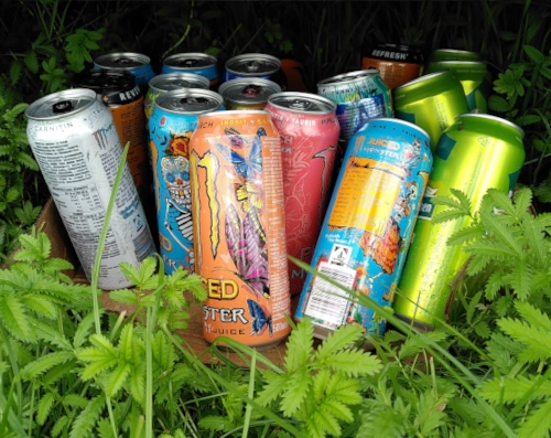 Foto von einer Sammlung bunter Energydrink-Dosen im Gras