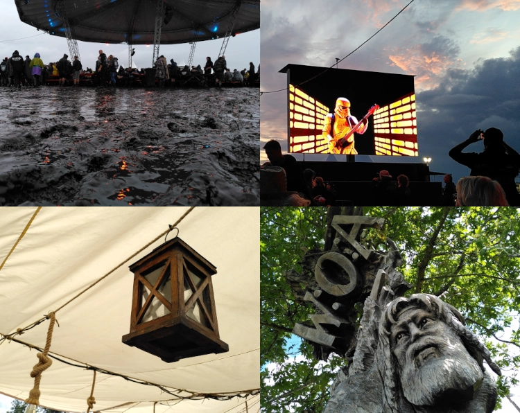 Viergeteiltes Photo für Projekt52 August 25: Oben links Matsch in Bodennähe fotografiert, im Hintergrund Menschen unter einem großen Pavillon, oben rechts eine Filmleinwand im Freien, darauf ein Stortrooper, der E-Gitarre spielt, im Hintergrund ein rosa-grau bewolkter Abend himmel. Unten links eine Laterna aus Holz, die unter einer sandfarbenen Zeltplane hängt und unten rechts ein aus Holz geschnitzter Kopf eines Wikingers vor einem Baum.