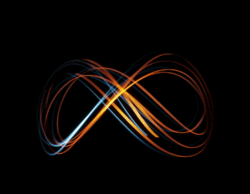 Das Zeichen für Unendlichkeit in leuchtendem orange und hellblau vor einem schwarzen Hintergrund. Entstanden ist das Bild als Aufnahme im dunklen, während jemand einen leuchtenden Gegenstand mehrfach in einer waagerechten Schleife geschwungen hat.