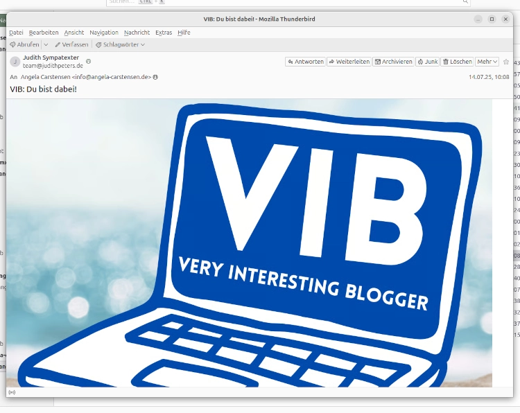 Screenshot von einer E-Mail, darin das Logo von Very interesting Blogger, einer gezeichneter Laptop mit den Buchtstaben VIB auf dem Bildschirm.