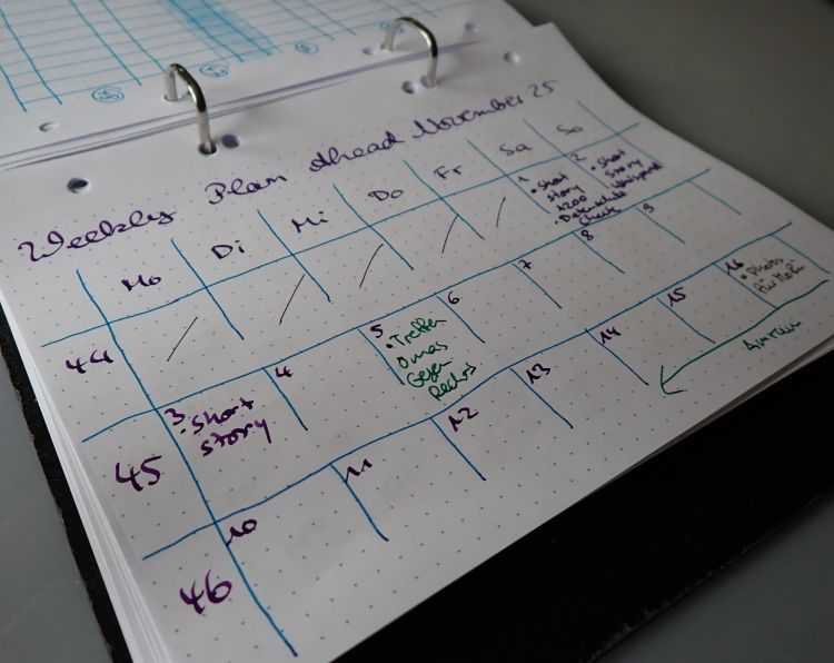 aufgeschlagenes Ringbuch, der Wochenplan für den November ist offen und zeigt, wie ich ale bloggende Unternehmerin mir nur jeweils ein ToDo pro Tag eintrage.