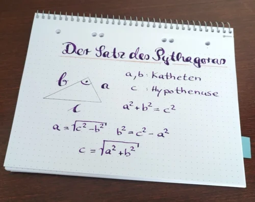 Ein handgeschriebener Lernzettel zum Satz des Pythagoras