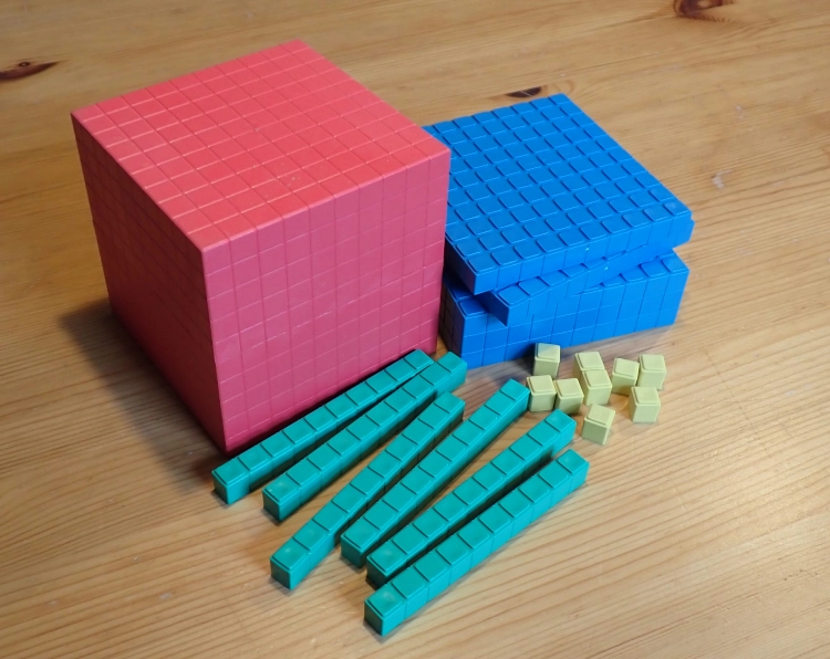 Würfel, Stagen und Platten aus Kunststoff zum Verstehen und Üben der Einer, Zehner, Hunderter und Tausender als Symbolbild für Probleme mit Mathe