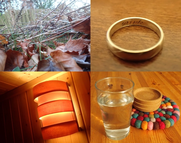 Viergeteiltes Bild. Oben links ein Stöckerhaufen in einem Gerten, oben rechts Nahaufnahme von einem Ring, unten rechts eine leuchtende Saunalape, unten rechts ein Glas Wasser auf einem Wohnzimmertisch. Für Projekt52 Dezember 25