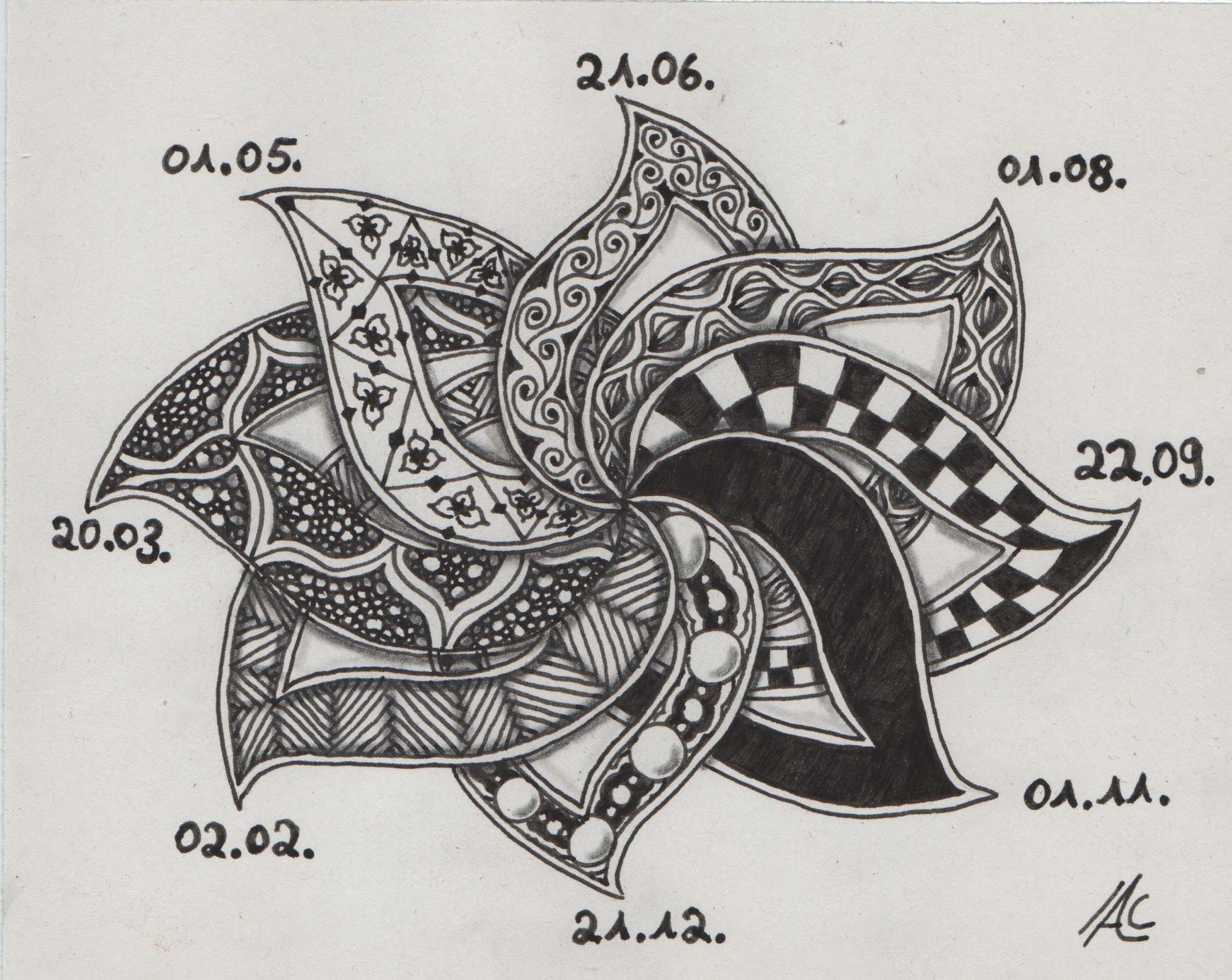 schwarzweiße Repräsentation des Jahreskreises in Form einer stilisierten Blume mit acht Blütenblätten jeweils unterschiedlich gemustert.