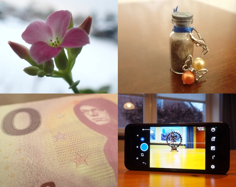 Viergeteiltes Photo für Projekt52 Januar 26: Oben links Nahaufnahme einer rosa Blüte, oben rechts Nahaufnahme einer kleinen FLasche mit Haaren darin, unten links Nahaufnahme von einem Spaßgeldschein undten rechts Foto von einem Handy, das gerade ein Foto von einer kleinen Statue macht