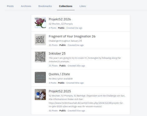 Screeshot auf Pixelfed. Zu sehen sind fünf Bilderkollektionen.