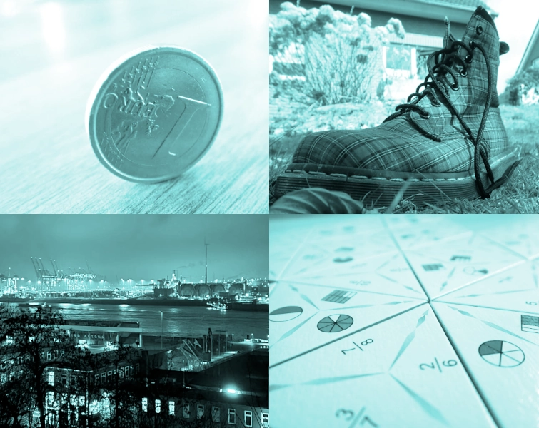Viergeteiltes Bild mit vier Beiträgen zum Projekt 52. Oben links eine Münze, die hochkant steht, oben rechts ein Schuh im Garten, unten links der Hamburger Containerhafen bei Nacht, unten rechts ein Brüchedomino