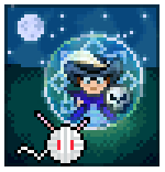 Habitica app avatar. A small person in a blue gown and a jaunty hat with a feather. She is hollding a skul pattern shield and is standing inside a luminous bubble on a meadow at night lit by the full moon. In front of her is a big ball of white yarn with red eyes and knitting needles sticking out.