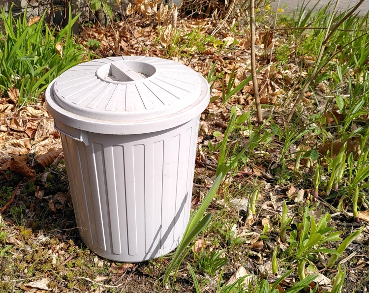 Ein kleiner grauer Mülleimer mit Deckel steht draußen zwischen Pflanzen
