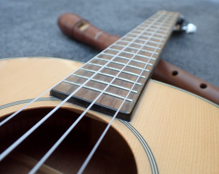 Nahaufnahme vom Griffbrett und Hals einer Ukulele, im Hintergrund unscharf eine dunkelbraune Altflöte
