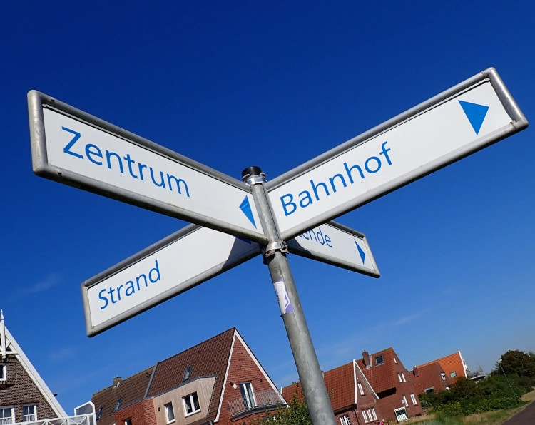 Ein Wegweiser mit den Optionen Strand, Zentrum, Bahnhof und Ostende vor blauem Himmel. Am unteren Bildrand typisch norddeutsche Häuser aus roten Backsteinen