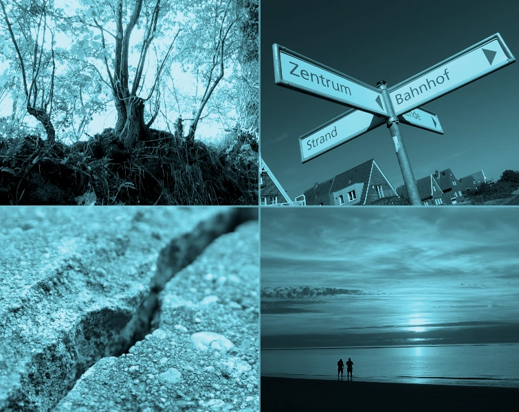 Viergeteiltes Bild mit vier von meinen Photobeiträgen zu Projekt52 August 26. Oben links eine Wallhecke, oben rechts ein Wegweiser, unten links ein Sprung in einer Steinplatte und unten rechts ein Sonnenuntergang am Strand