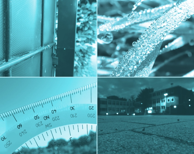 Viergeteiltes Bild mit meinen vier Photobeiträgen zu Projekt52 September 26. Oben links ein Zaun neben einer Hecke, oben rechts GRashalm mit Wassertropfen bedeckt, unten links ein nautisches Geodreieck aus der Nähe und unten rechts ein Marktplatz aufgenommen vom Erdboden